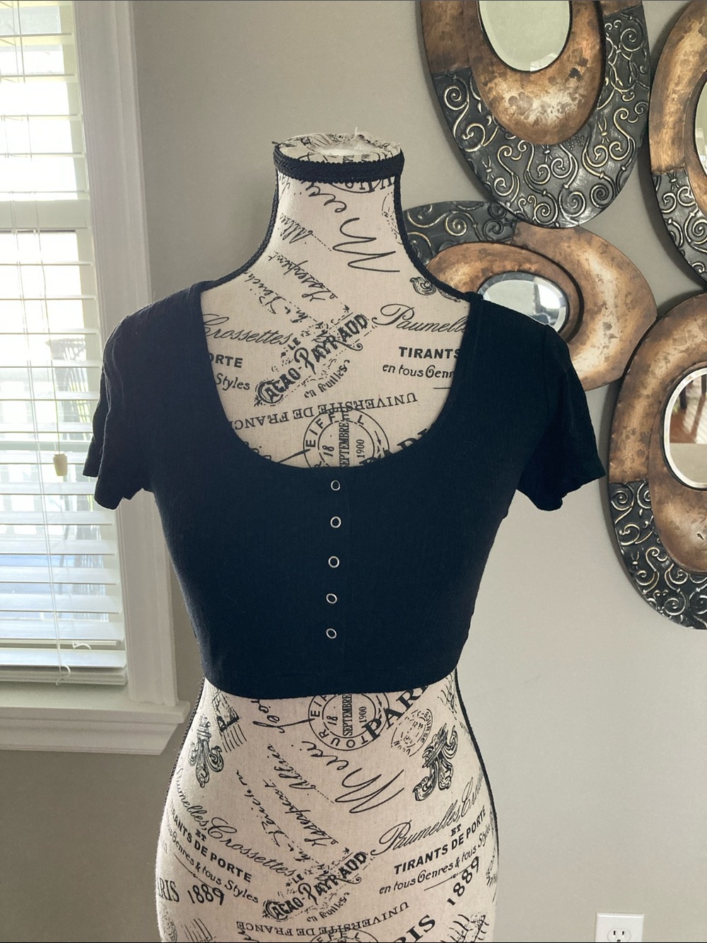 Garage Black Ribbed Crop Top with Front Snap Detail